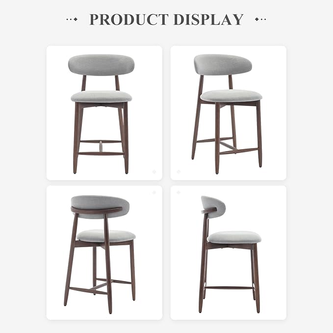 Upholstered Counter Height Bar Stools, Kitchen Island Stools with Back, Modern Counter Stools Chairs with Wood Legs for Kitchen Island Dining Room, Light Grey