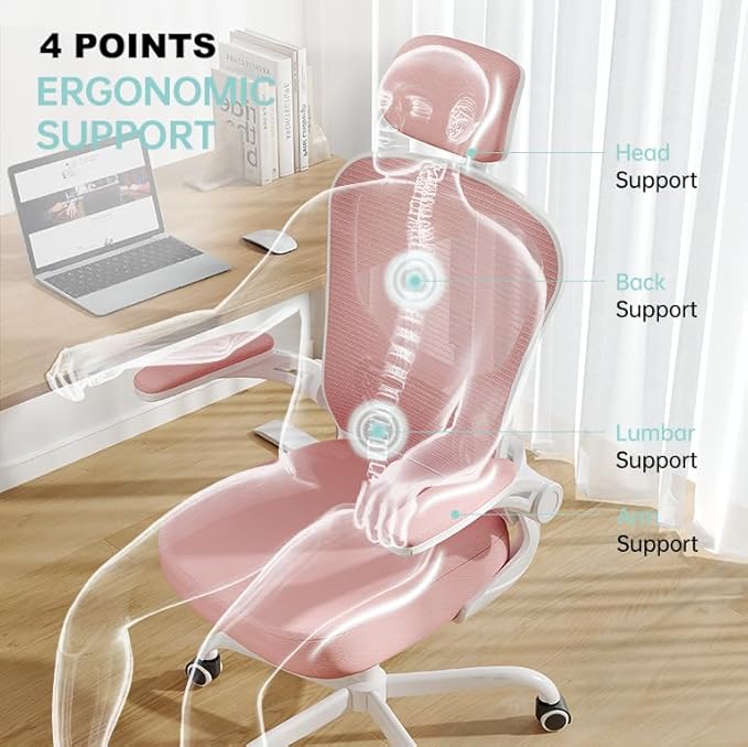 Office Chair Ergonomic Desk Chair, 330LBS Capacity, High Back Computer Design for Long Hours Comfort, Rolling Swivel Executive Task for Home Office with Flip-up Armrests, White Pink