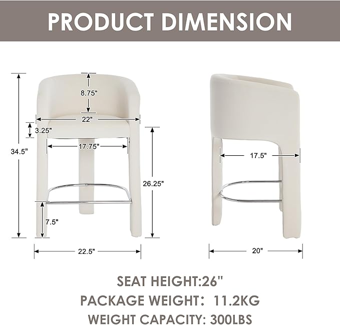 HNY Modern Counter Height Bar Stools Set of 3, 26”H Barrel Counter Stools for Kitchen Counter, Upholstered Barstools with Back and Armrest, Velvet Bar Stools for Kitchen Island, Home Bar, Cream