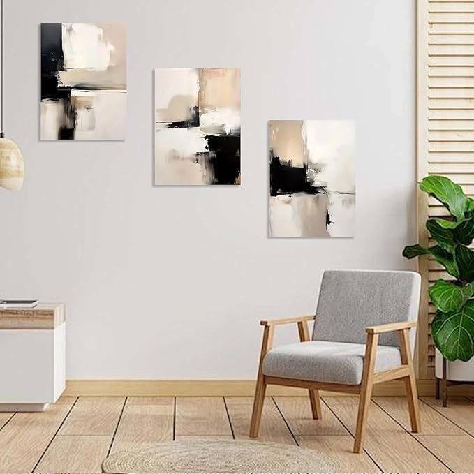 3 Piece Wall Art Framed Modern Abstract Neutral Canvas Wall Art Black White Beige Minimalist Painting for Living Room Bedroom Office Wall Decor Pictures Wall Decor with Hooks and Nails 12x16 Inch