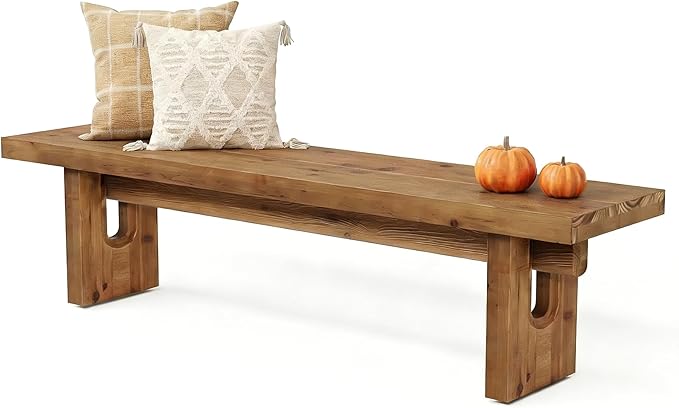 63" Solid Wood Bench, Extra Long Farmhouse Dining Bench for Kitchen Table, Rustic Wooden Entryway Bench, End of Bed Indoor Seating, Natural Brown