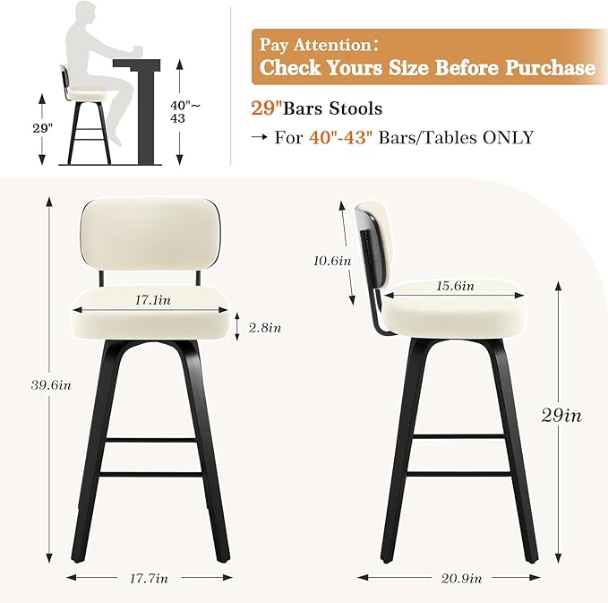 Bekrvio Swivel Bar Height Stools Set of 4, Upholstered Faux Leather Barstools with Back, 29" Seat Height Tall Bar Stools for Kitchen Counter, Black Wood Frame, Cream White