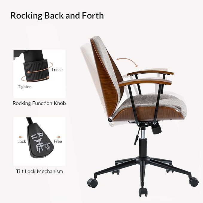 Modern Office Chair with Bentwood Polyester Upholstery Ergonomic Swivel Desk Chair with Adjustable Height for Home Office or Study Tan