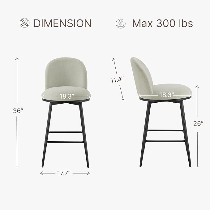 26" Counter Height Swivel Bar Stools Set of 2, Upholstered Linen Fabric Barstools with Backs and Metal Legs for Kitchen Island,Grey