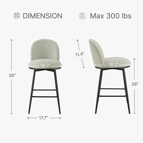 26" Counter Height Swivel Bar Stools Set of 2, Upholstered Linen Fabric Barstools with Backs and Metal Legs for Kitchen Island,Grey