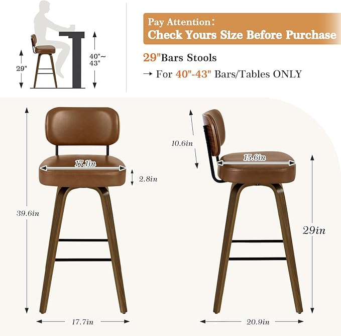 Bekrvio Swivel Bar Stools Set of 4, 29" Upholstered Faux Leather Barstools with Back and Bent Wood Legs, Mid Century Modern Bar Chair Island Stool for Kitchen Counter, Brown