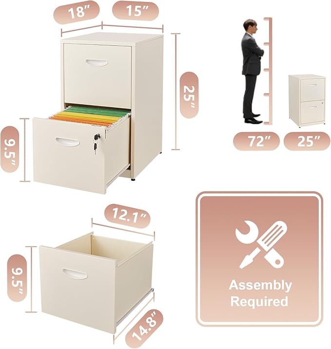 Polup 2 Drawer File Cabinet with Lock, Locked Filing Cabinets for Home Office, Small File Cabinets for Under Desk, Metal Files Cabinet for Hanging Letter Size, Cream, Assembly Required