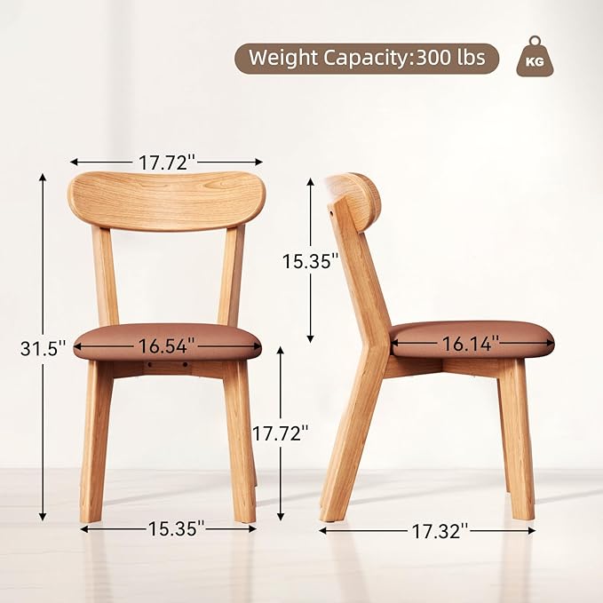Dining Chairs Set of 2 Mid-Century Modern Oak Upholstered Scandinavian Solid Wood Kitchen & Dining Room Chairs with Curved Backrest Sillas de Comedor for Dining Table(Original/Orange)