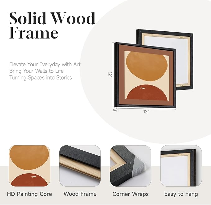4 Piece Framed Abstract Boho Wall Art Set, Modern Mid Century Canvas Picture Wall Decor, Minimalist Geometric Orange and Brown Paintings Prints for Living Room Bedroom Hallway, 12x12 Inch