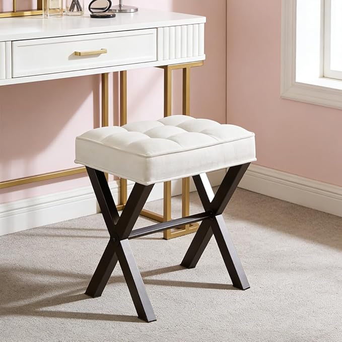 Modern Square Foot Stool Ottoman, Upholstered Vanity Chair with Metal X-Legs & Soft Linen Fabric - Versatile Seat and Footrest for Makeup, Living Room, Bedroom& Entryway(X-Black-White)