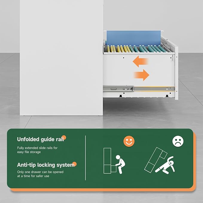 Letaya 3 Drawer File Cabinets with Lock,Metal Lateral Filing Storage Cabinet Printer Stand,White Steel Home Office Cabinet for Hanging Files Letter/Legal/A4 Size (White, H39.84×W28.35×D15.74)