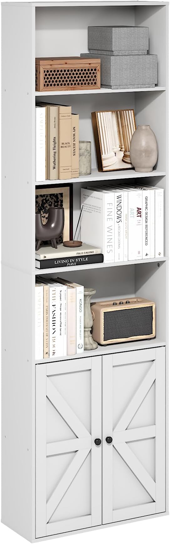 Furinno Jensen Book Shelf, 6-Tier Farmhouse Bookshelf, Display Bookcase with Doors, 9.2" x 21.6" x 71.2", for Organization and Storage, for Living Room, Bedroom, Home Office, White