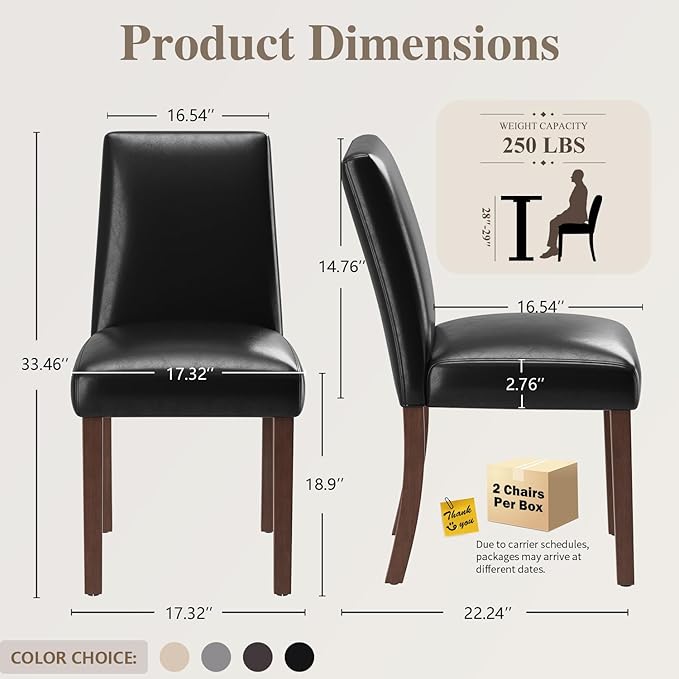 Dining Chairs Set of 6, Modern Dining Room Chairs with Wooden Legs, Faux Leather Upholstered Kitchen Farmhouse Parsons Chairs for Restaurant & Cafe- Black