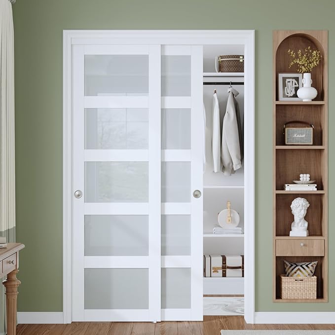 Finosen Preassembled Sliding Closet Door Slab, 48 x 80 in (Double 25 inch), 5-Lite Frosted Glass, Bypass Barn Door with Hardware Kit Included, MDF Wood Panel, Water-Proof PVC Surface, White
