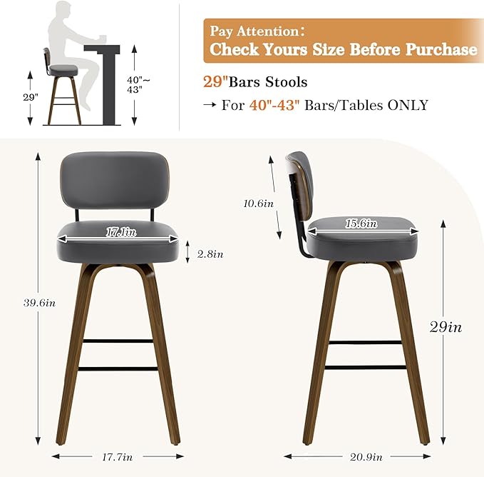 Bekrvio Swivel Bar Stools Set of 4, 29" Upholstered Faux Leather Barstools with Back and Bent Wood Legs, Mid Century Modern Bar Chair Island Stool for Kitchen Counter, Grey