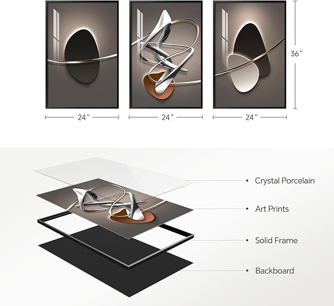 Framed Large Modern Abstract Wall Art for Living Room, Large 3 Piece Black and White Bright Style Artwork, Minimalist Geometric Painting Prints for Dining Room Hallway Office Wall Decor, 24x36 In