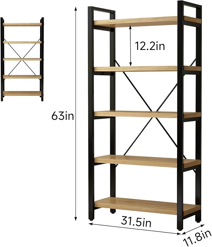 WH-AOERPUMY Real Solid Wood Bookshelf Shelves Rustic Vintage Industrial Etagere Bookshelf, Metal & Timber Free Vintage Bookcase, (Genuine Timber) (5-Tiers-Natural Finish)