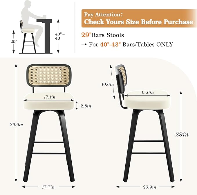 Bekrvio Swivel Bar Height Stools Set of 4, Upholstered Faux Leather Barstools with Rattan Back, 29" Seat Height Tall Bar Stools for Kitchen Counter, Black Wood Frame, Cream White