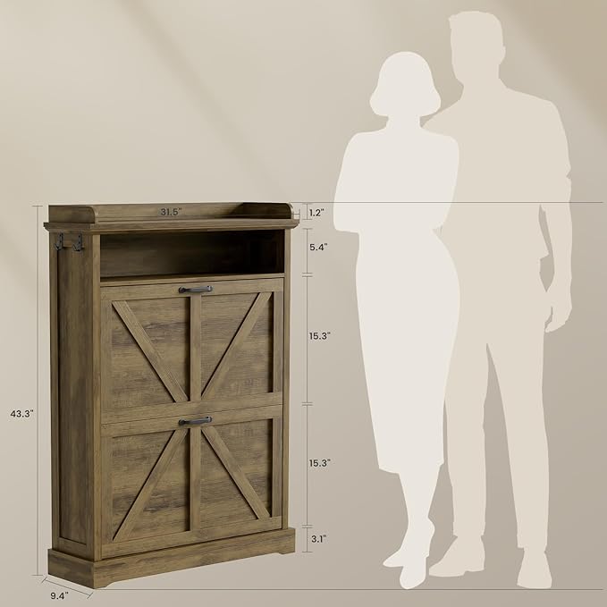 Shoe Cabinet with 2 Flip Drawers, Farmhouse Narrow Shoe Cabinet Organizer with Double-Layer Top, Freestanding entryway organizer with adjustable shelves and hooks, for, Foyer, Hallway, Brown