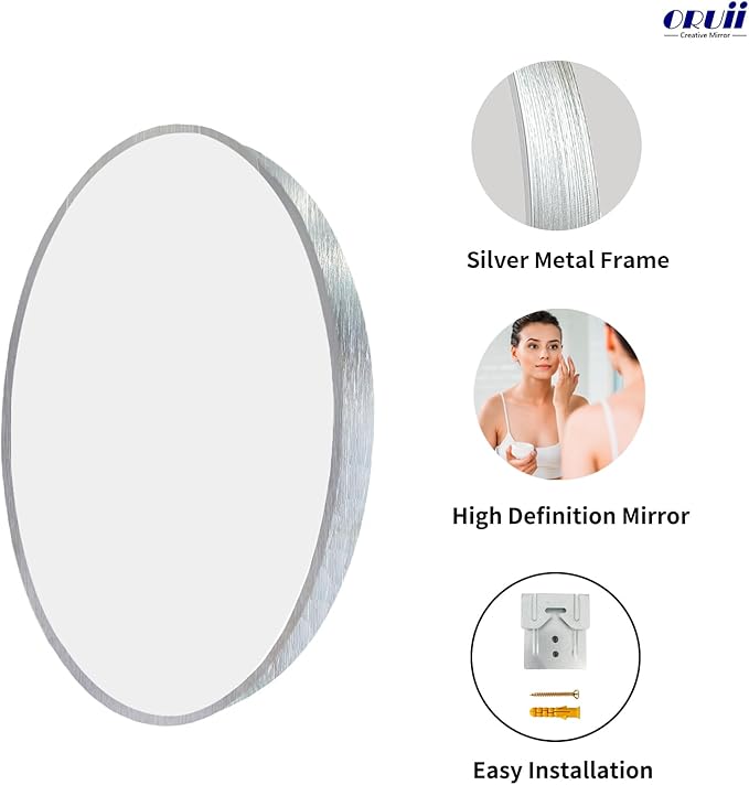 Oruii Silver Round Mirror, Silver Round Mirror 24 inch, Circle Bathroom Mirrors Metal Frame, Nickel Circle Mirrors for Wall, Over Sink, Bathroom, Living Room, Vanity, (Chrome)