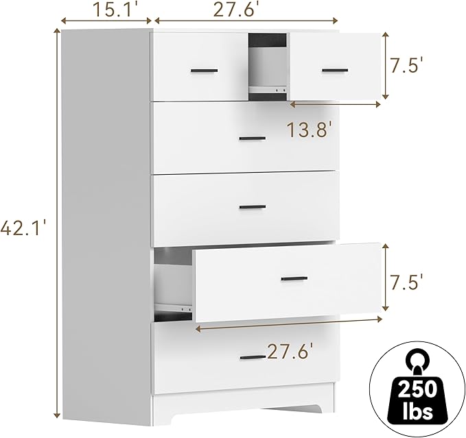 FJTJBSI Dresser with Power Outlets Wooden 6 Drawer Dresser with Large Organizer White Tall Storage Organizer with Smooth Metal Rail Modern Chest of Drawers Closet for Bedroom Hallway