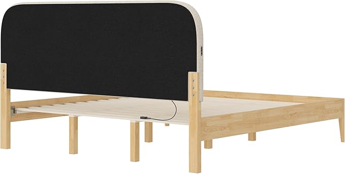 KISLOT Wood Bed Frame with USB & Type-C Charging, Boucle Platform Bed with Upholstered Headboard Mattress Foundation No Box Spring Needed Easy Assembly