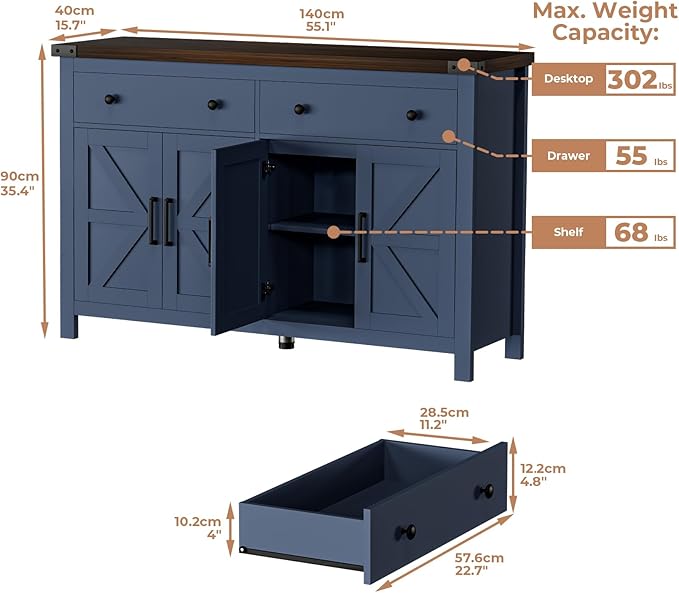 VVFLU 55'' Buffet Cabinet with Storage, Farmhouse Kitchen Storage Cabinet with 4 Doors and 2 Drawers, Coffee Bar Buffet Sideboard for Kitchen, Dining Room, Living Room, Blue Wood
