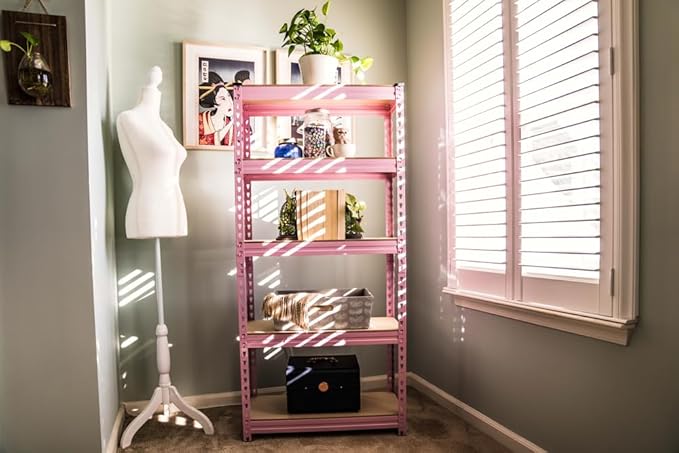 5 Tier Adjustable Steel Powder Coated Rack Storage Shelving with Engineered Wood Shelves. for Indoor Storage in garages, basements, Kitchens, etc. (Pink) 11.8" D x 27.5" W x 59.5" H