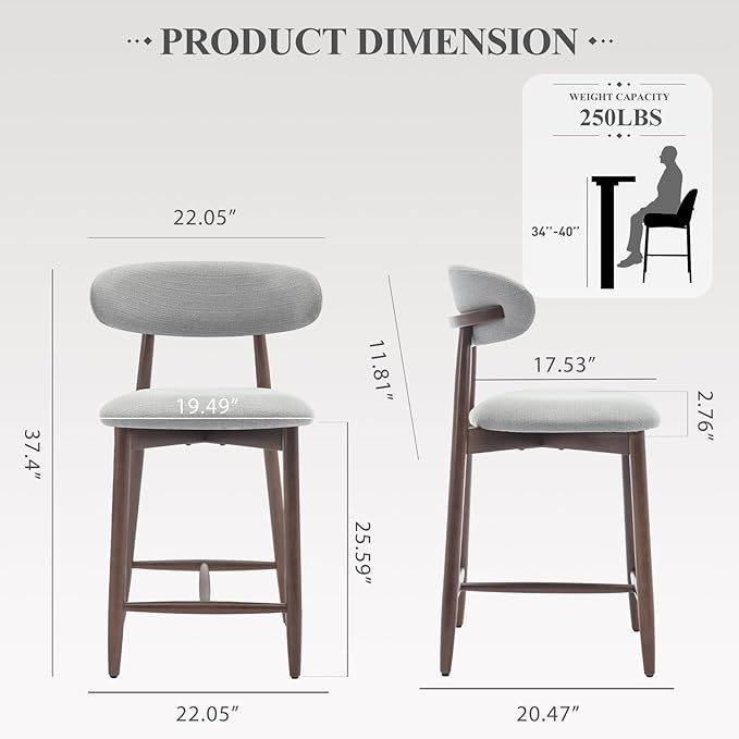 Upholstered Counter Height Bar Stools Set of 2, Kitchen Island Stools with Back, Modern Counter Stools Island Bar Chairs with Wood Legs for Kitchen Island Dining Room Bar, Light Grey