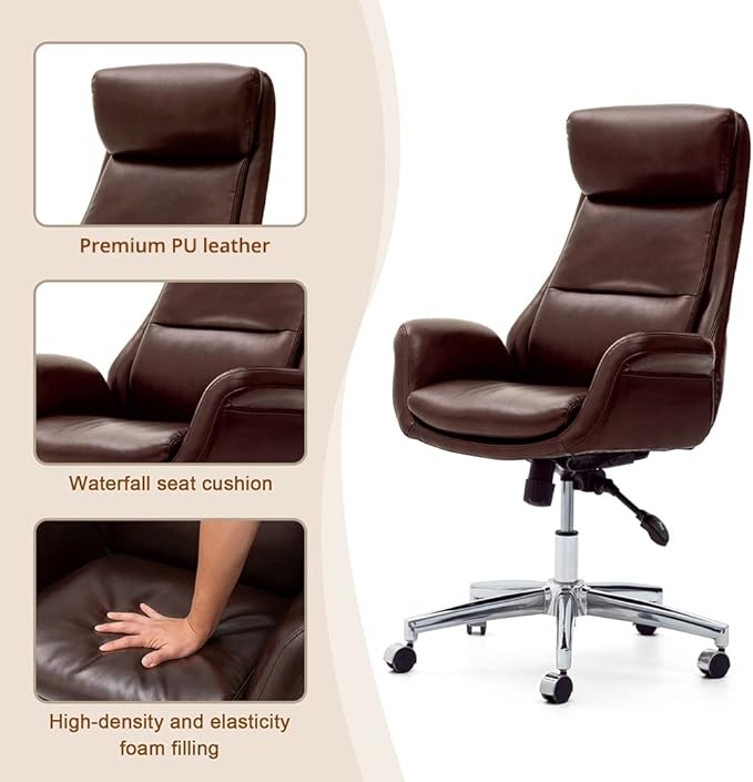 Glitzhome Modern Office Computer Desk Chair, Home Executive High-Back Office Chair PU Leather Adjustable Upholstered Swivel Task Chair with Armrest(Brown)