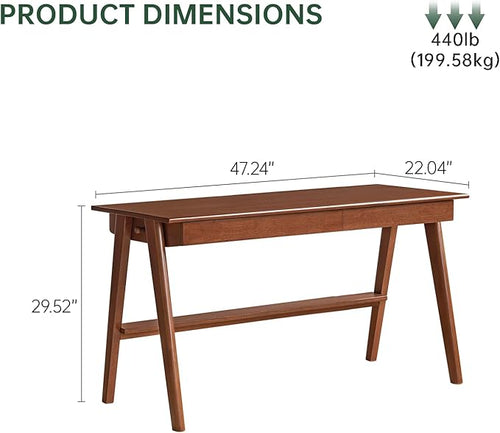 100% Solid Wood Desk Home Office Desk Mid Century Modern Rubberwood Writing Computer Desk with Drawer for Home Office 47" W