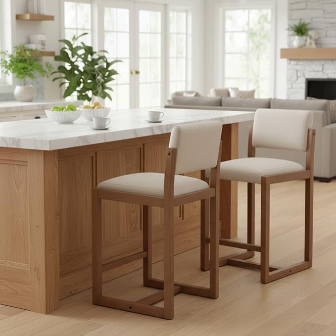 DUOMAY Modern Bar Stools Set of 2, 26" Counter Height Barstools, Linen Upholstered Kitchen Island Chair with Wood Legs for Home Bar Coffee Shop, Beige