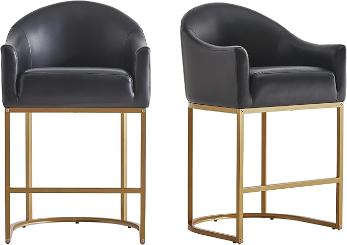 Counter Height Bar Stools Set of 2,Modern Counter Height Bar Stools,PU Leather Upholstered Barrel Barstools with Backs,26'' Kitchen Island Chairs,Metal Gold Frames,Ink Black Leather