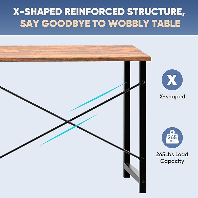 DUMOS 55 Inch Computer Office Desk Writing Gaming Study Work Large Desks for Bedroom Home Office with Metal Frame Simple Modern PC Table Workstation, Wood Brown
