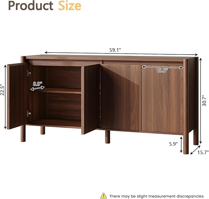CHUWELL Walnut Sideboard Buffet Cabinet - 59" Mid Century Buffet Storage Cabinet with 4 Doors, Adjustable Shelves, and 4 Solid Wood Round Legs- Coffee Bar Table for Kitchen