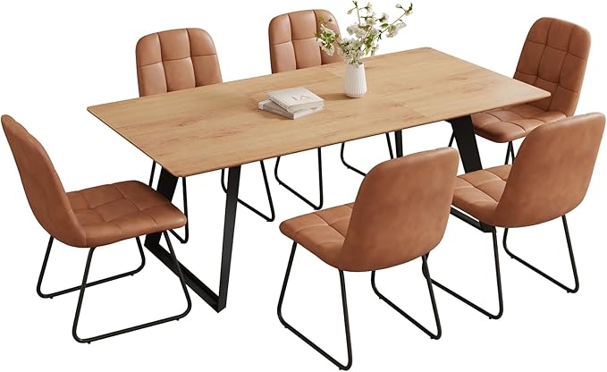 ZckyCine 63"-79" Expandable Dining Set for 6, Wood with 6 Chairs, Extendable for Dining Room, Modern Oak and Brown