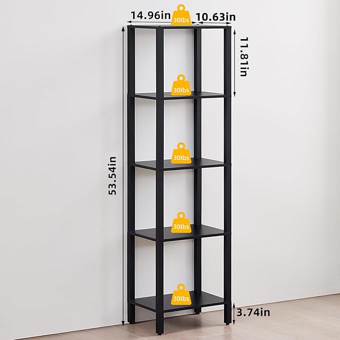 YUFAM 54in Tall Bookshelf 5-Tier Small Narrow Bookcase, Skinny Book Shelf for Small Space, Farmhouse Slim Shelf with Storage, Wood Freestanding Display Thin Bookshelves for Living Room, Office, Black