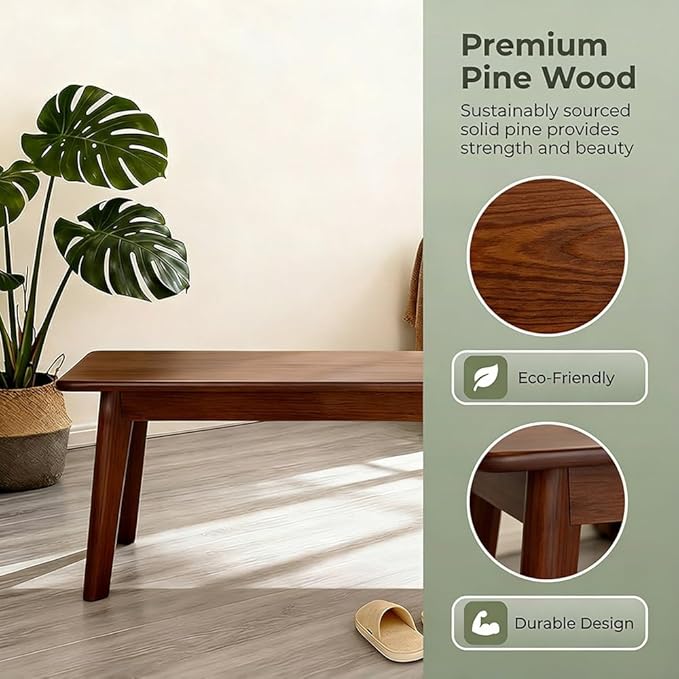 Solid Wood Farmhouse Bench 31.5"/39.4"/47.2"/55.1"/59" Skinny Bench Rustic Long Entryway Bench, Heavy Duty, Durable ＆ Easy Assembly, For Hallway, Kitchen, Bedroom, Dining(Walnut,47.2"x11.8"x17.7")