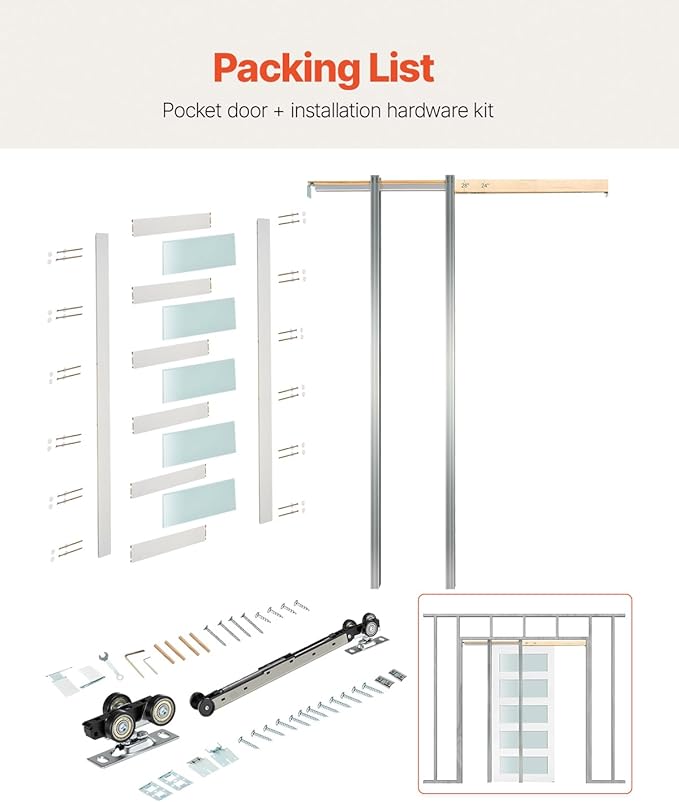 VEVOR Sliding Pocket Door, 36" x 80", 5-Lite Frosted Glass with Hardware Kit, Sturdy Solid Wood & MDF Pocket Doors Slab with Waterproof Surface, Pre-Drilled Doors Panel, Need to Assemble