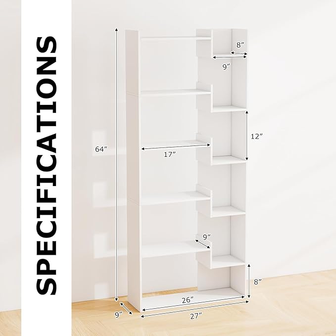 Tangkula 6-Tier Bookshelf, 64”H Tall Open Bookcase with Anti-Tip Kits, Home Office Free-Standing Wood Room Divider Display Book Shelf, Modern 11-Shelf Storage Rack for Study, Living Room (2, White)