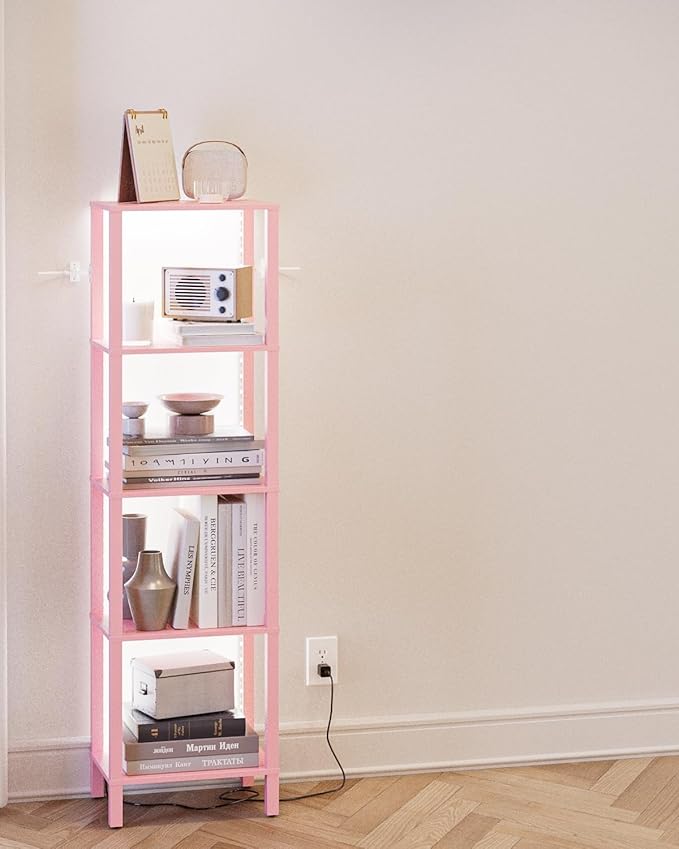 Open Book Shelf with LED Lights, 5 Tier Tall Bookshelf, Freestanding Shelf Narrow Bookcase with Open Shelves, 14.96" x 10.63" x 53.54", Book Shelves for Living Room, Office, Study, Pink