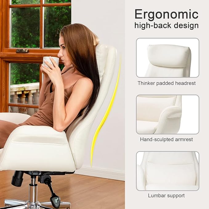 Glitzhome Modern Executive Home High-Back Office Chair - Leather Adjustable Swivel Desk Chair with Armrest(Cream)