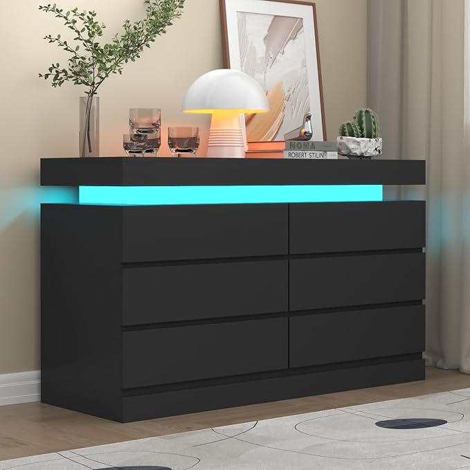 Gyfimoie 6 Drawer Dresser with Power Outlet, Dresser with LED Light, Modern Chest of Drawers for Closet, Double Wide Drawer Organizer Cabinet for Bedroom, Living Room (Black, 6 Drawers)