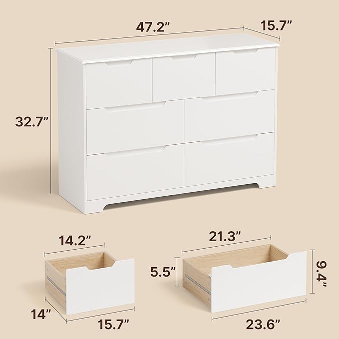 Gizoon 7 Drawer Dresser, 48" Wide White Dresser for Bedroom, Chest of Drawers with Handle Free Design, Modern Storage Organizer for Living Room, Kids Room, Entryway, Hallway, White