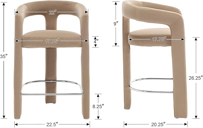 HNY 26 Inch Modern Tall Barrel Bar Stool, Velvet Upholstered Barstools with Open Back, Counter Height Bar Stool Chair with Armrest for Kitchen Island, Khaki
