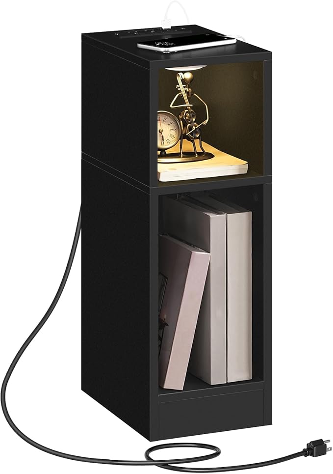 MAHANCRIS Narrow Nightstand with LED Light, Narrow End Table with Charging Station, Skinny Bedside Table for Small Spaces, Mid Century Modern Night Stand for Bedroom, Living Room, Black ETBK30E01