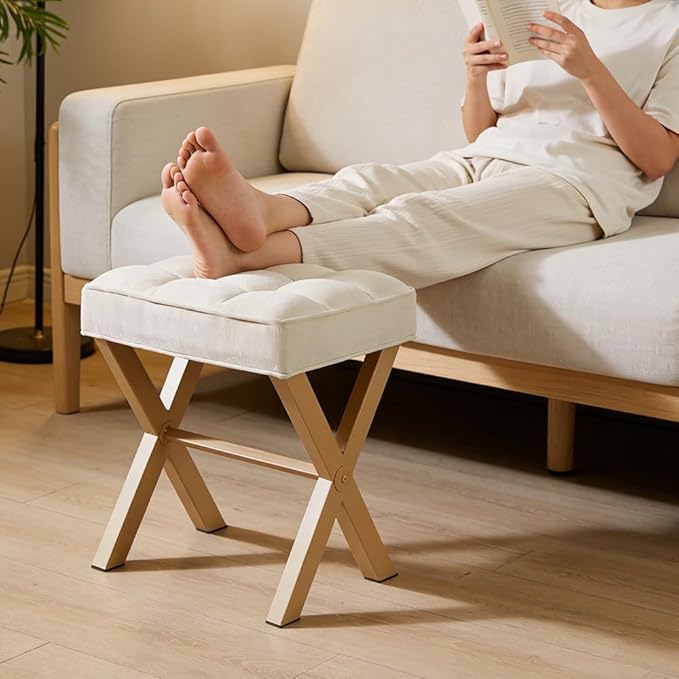 Modern Square Foot Stool Ottoman, Upholstered Vanity Chair with Metal X-Legs & Soft Linen Fabric - Versatile Seat and Footrest for Makeup, Living Room, Bedroom & Entryway(X-Yellow-White)