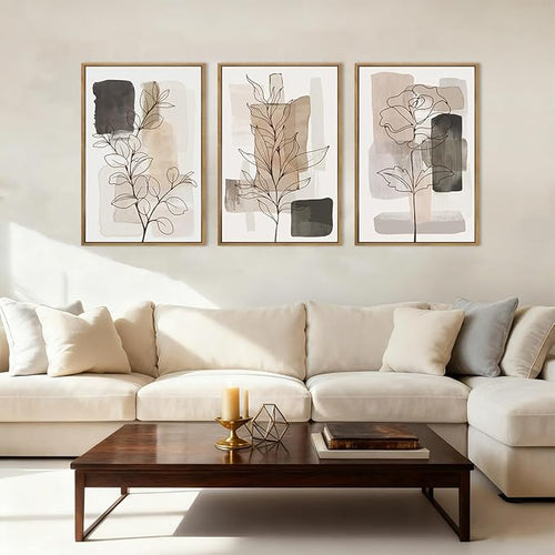 Anyzal Large Framed Neutral Floral Wall Art 16x24 Inch Tan Modern botanical Canvas Wall Decor Minimalist Black Flower Prints for Living room Bedroom Dining room Set of 3