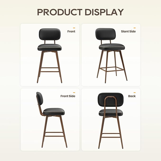 MALOL 26“ Swivel Bar Stools Set of 4, Mid Century PU Leather Counter Height Bar Chairs with Low Back and Metal Legs, Modern Bar Stool Chair for Kitchen Island, Black