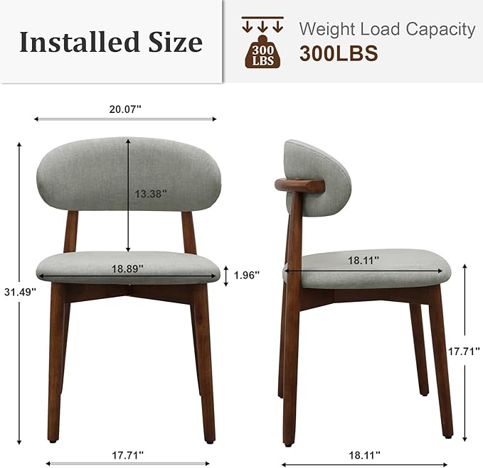 Farmhouse Dining Chairs Set of 2, Mid Century Modern Fabric Upholstered Kitchen Chairs, Wooden Dining Room Chair with Curved Back for Kitchen Dining Room Restaurant Cafe, Light Green (Only Chairs)